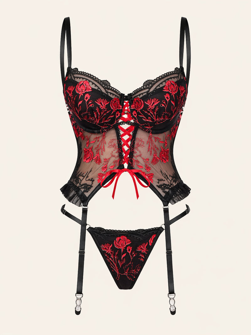 Ensemble de lingerie en maille brodée à fleurs rouges audacieux avec détails à brides