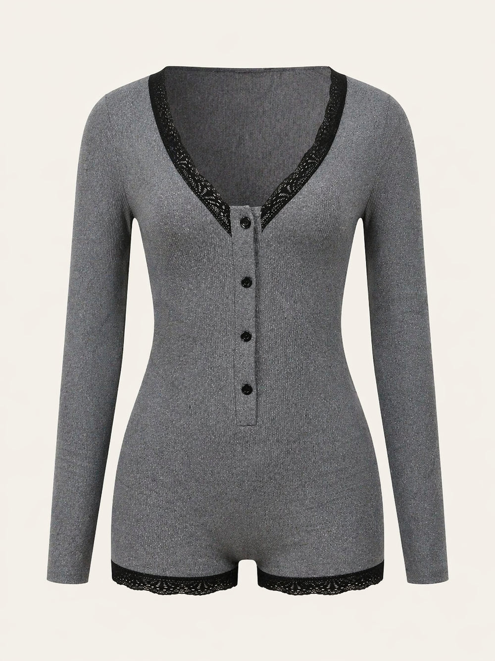 Dark Gray Cotton Sleep Playsuit with Lace Trim Detail