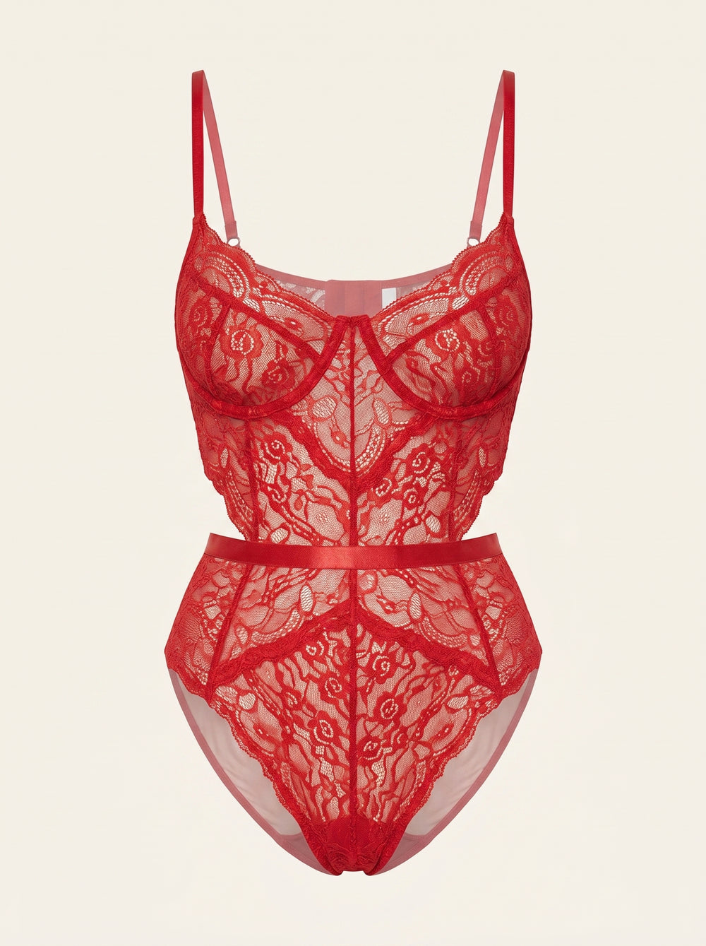 Body in pizzo rosso intenso con design trasparente a stringhe