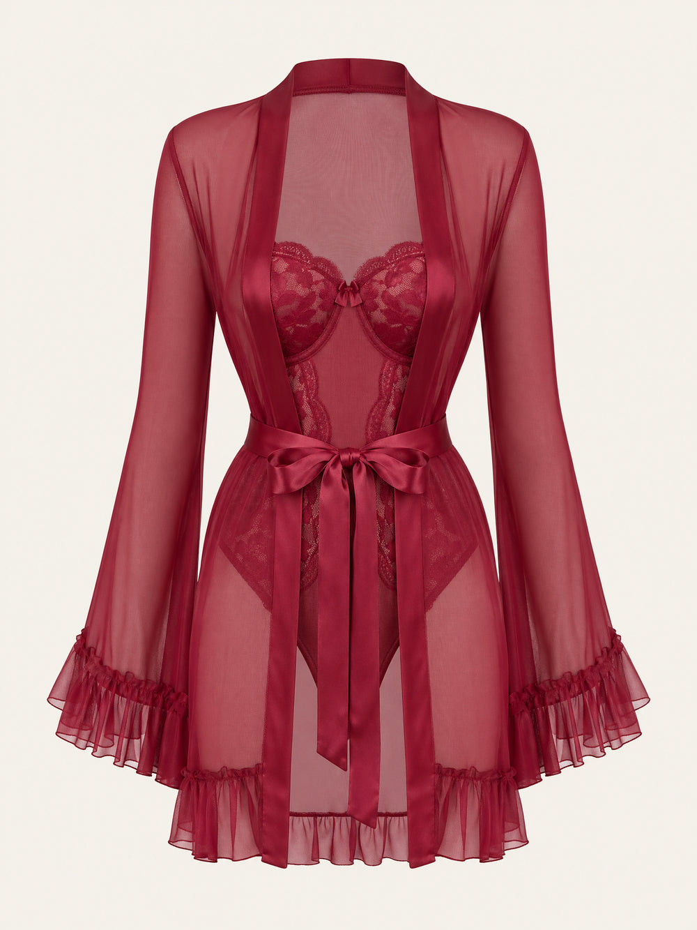 Deep Red Lace Kimono Robe with Scalloped Edges