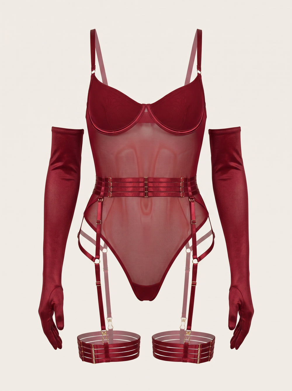 Deep Red Mesh Lingerie Set with Strappy Elegance