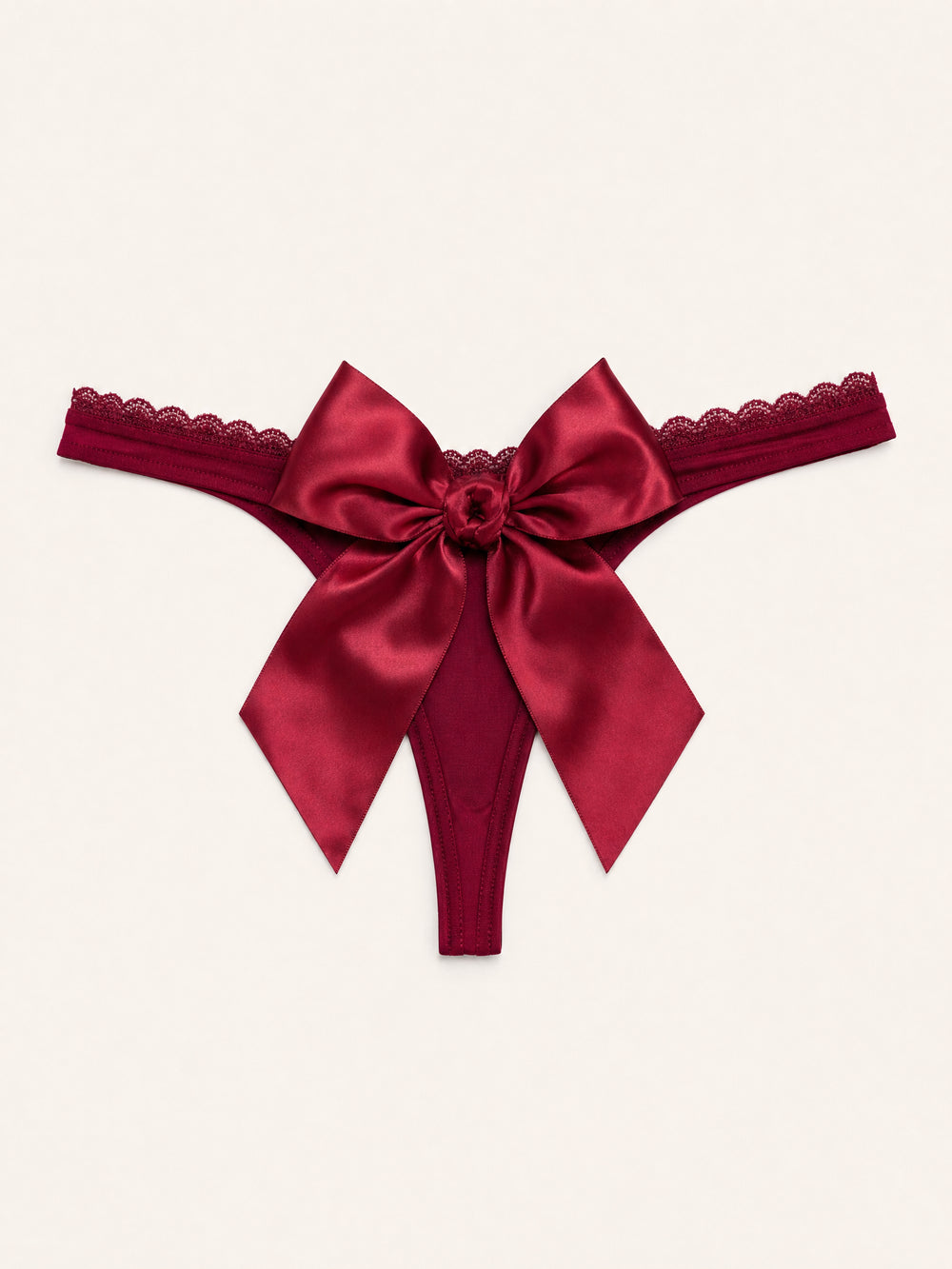 Deep Red Satin Panty with Lace Trim and Bow Detail