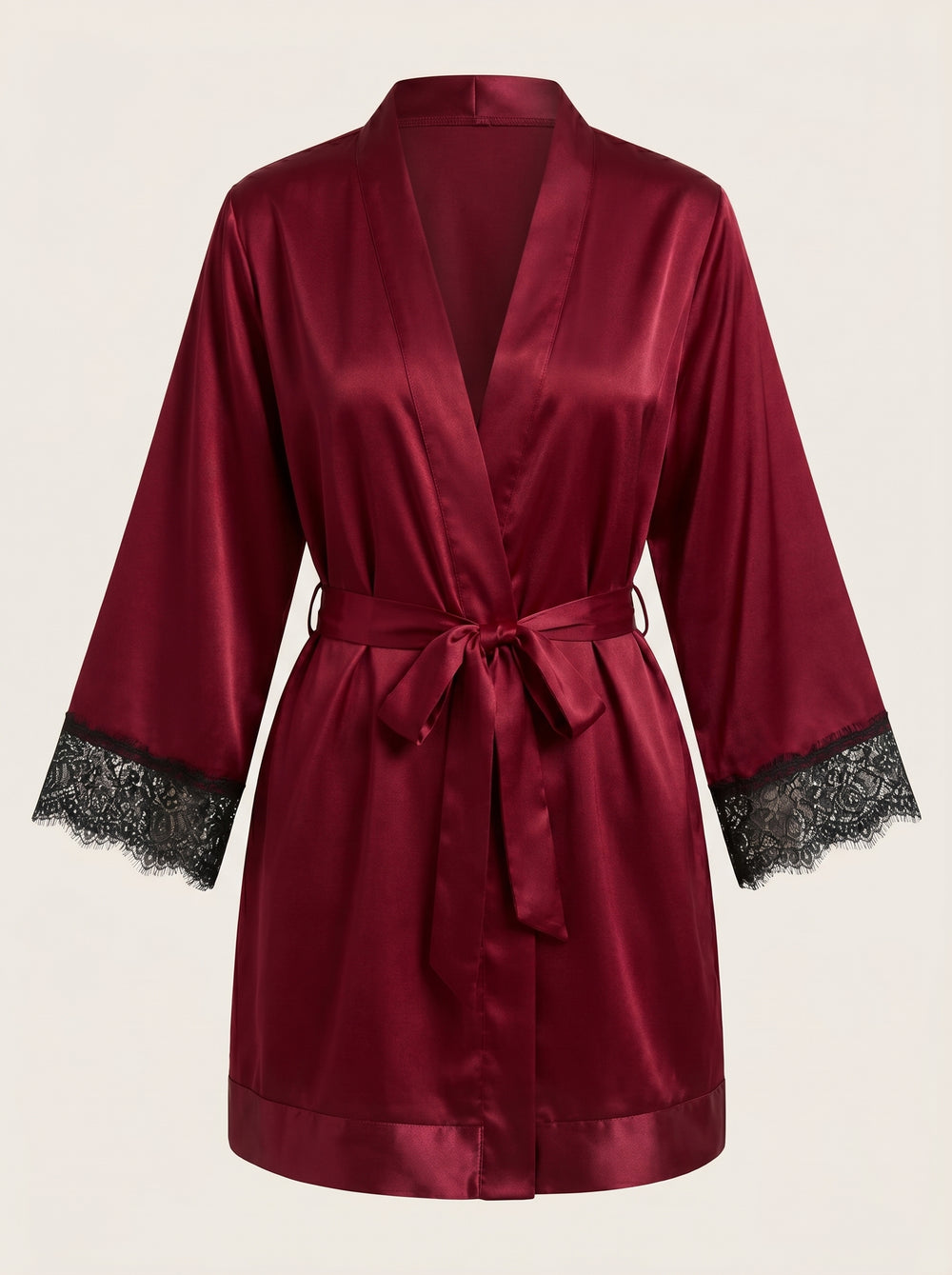 Deep Red Satin Kimono Robe with Lace Cuffs