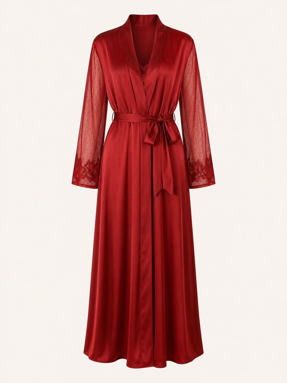 Deep Red Satin Kimono Robe with Lace Trim and Sheer Sleeves
