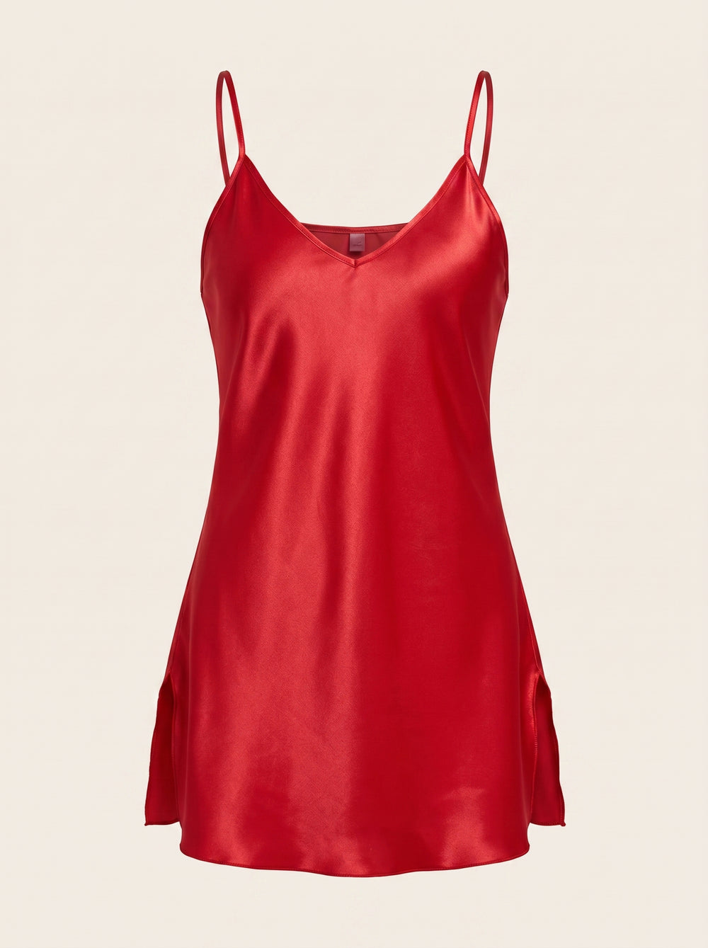 Deep Red Satin Strappy Nightgown with V-Neck Design