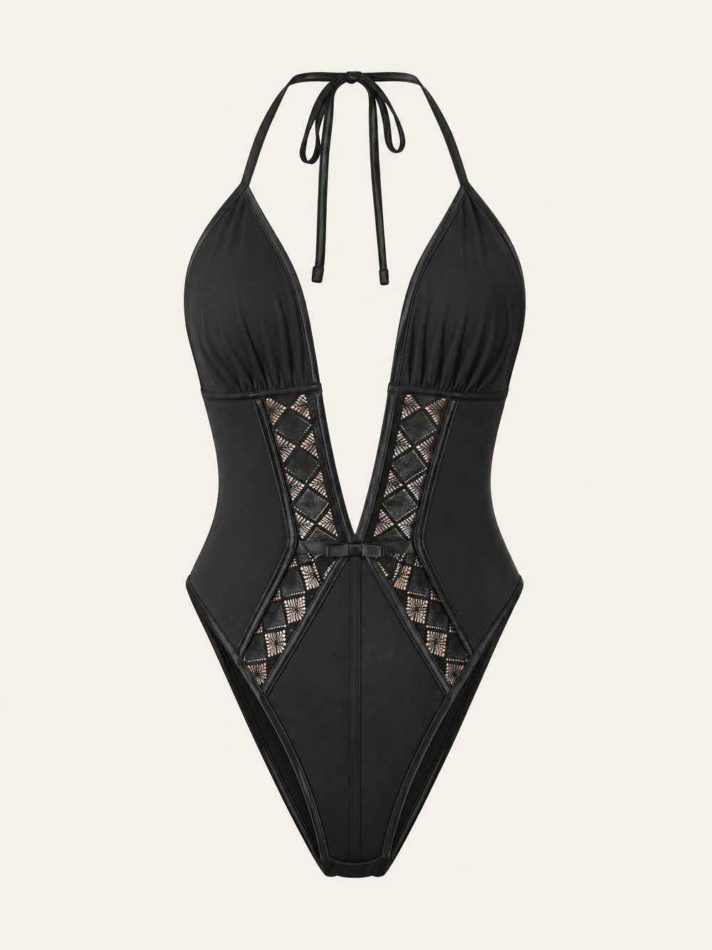 Deep V Black Satin Bodysuit with Lace Inserts