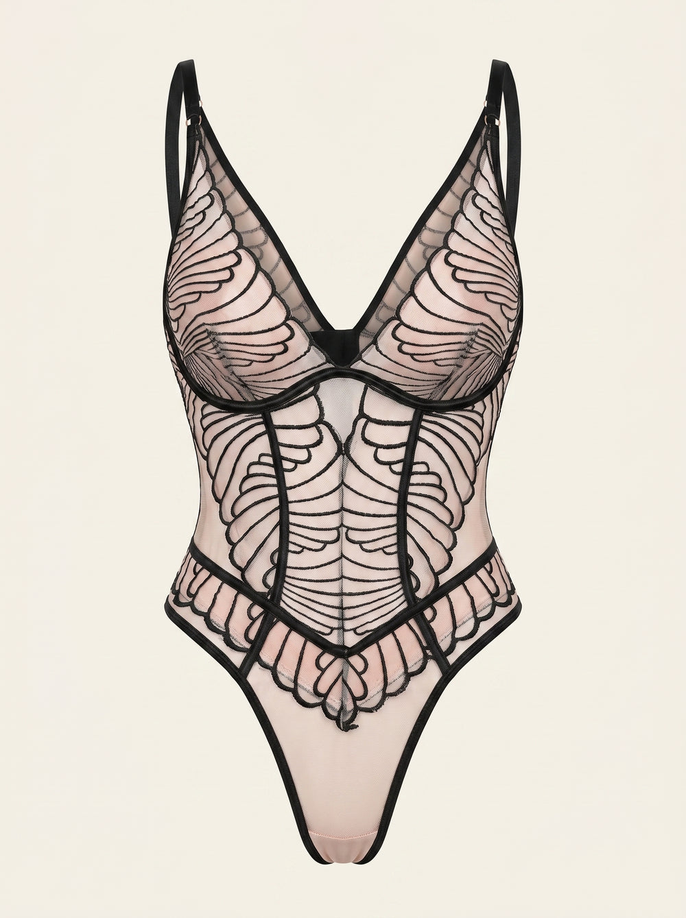 Elegant Black Embroidered Mesh Bodysuit with Strappy Details