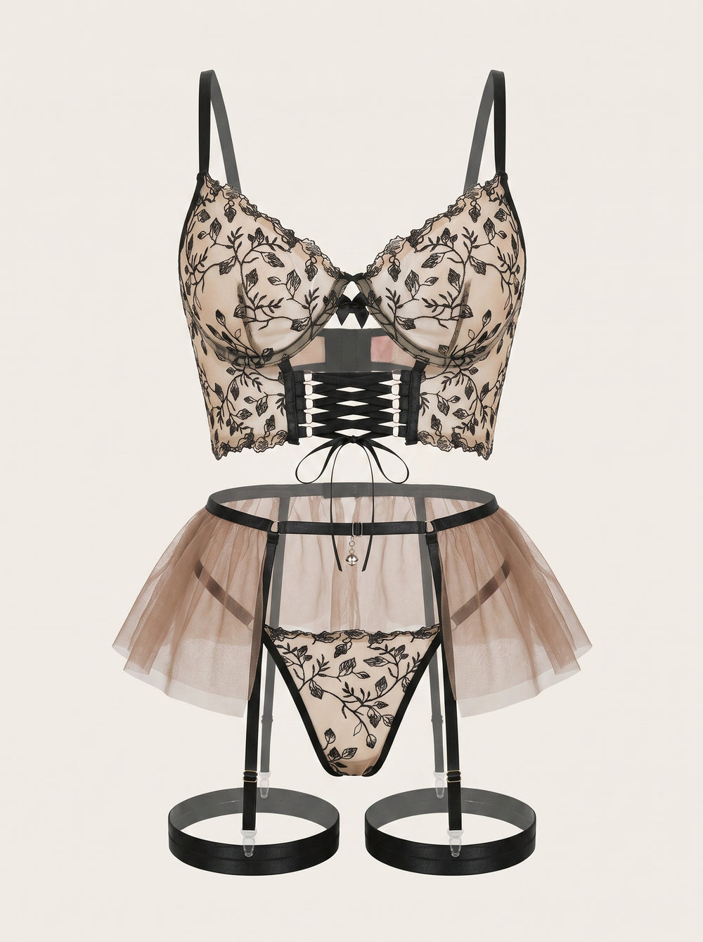Elegante set di lingerie nero floreale in tulle con spalline regolabili