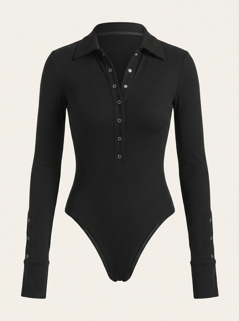 Eleganter schwarzer Jersey-Bodysuit mit Knopfkragen