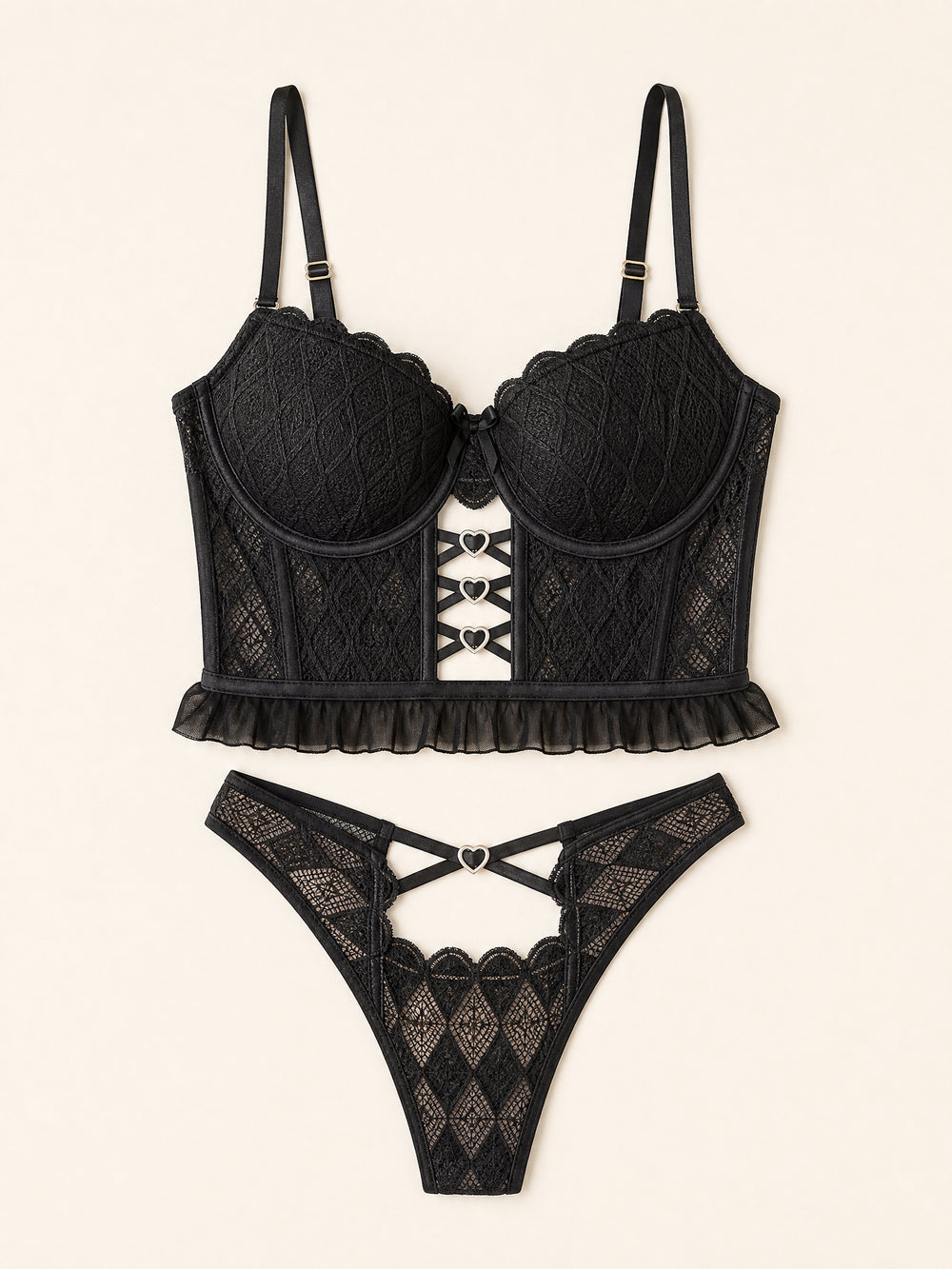 Elegante completo di lingerie in pizzo nero con dettagli con fasce