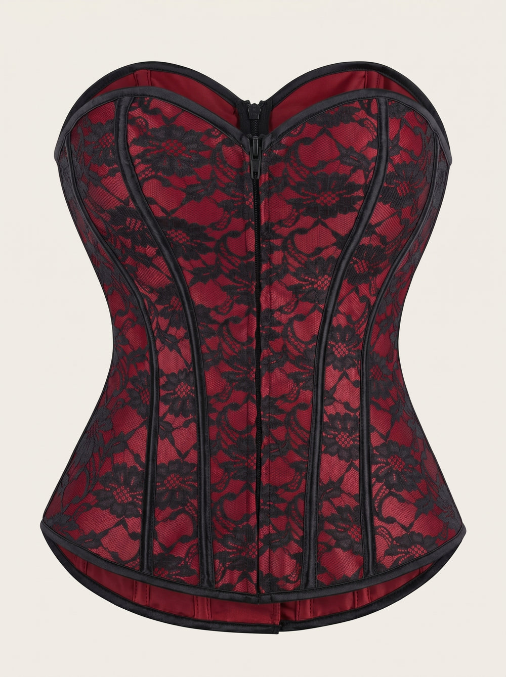 Elegant Black Lace Over Red Corset with Boning