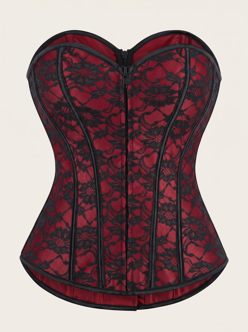Elegant Black Lace Over Red Corset with Boning