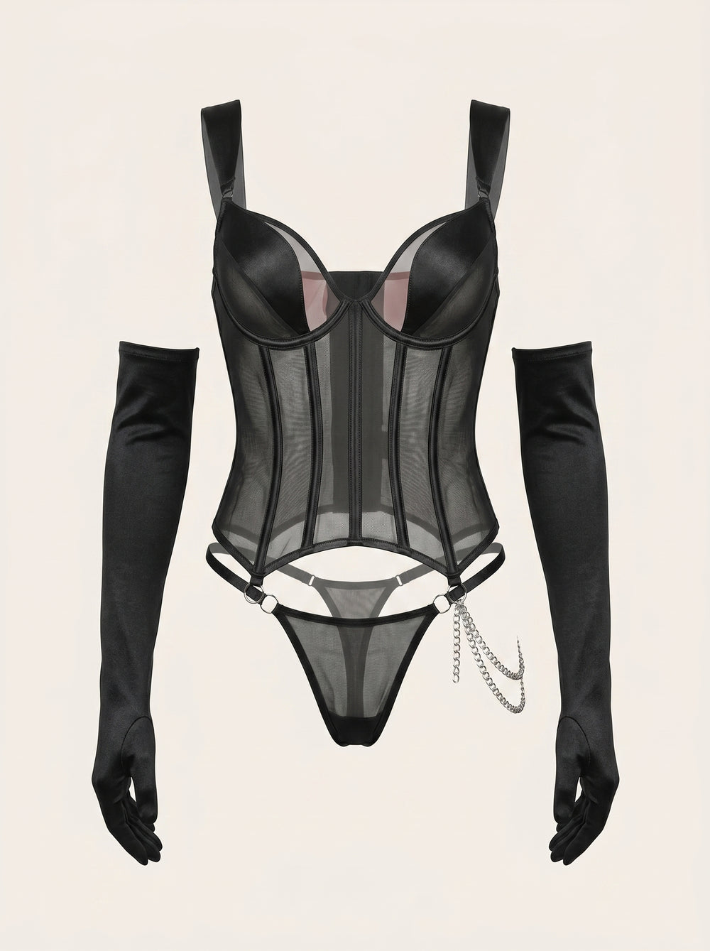 Elegant Black Mesh Lingerie Set with Strappy Design