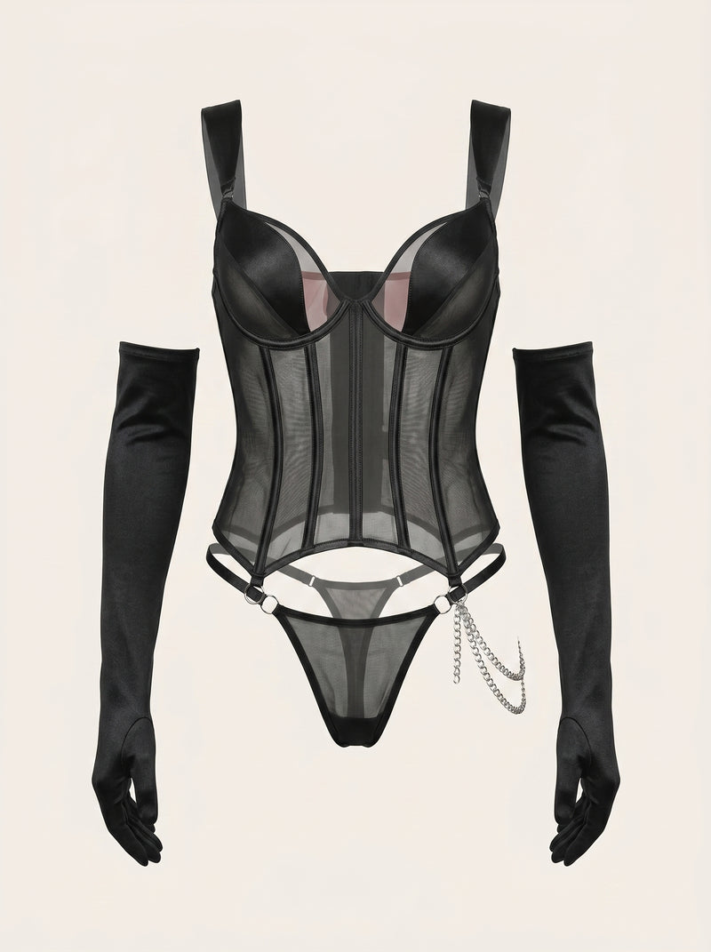 Elegant Black Mesh Lingerie Set with Strappy Design