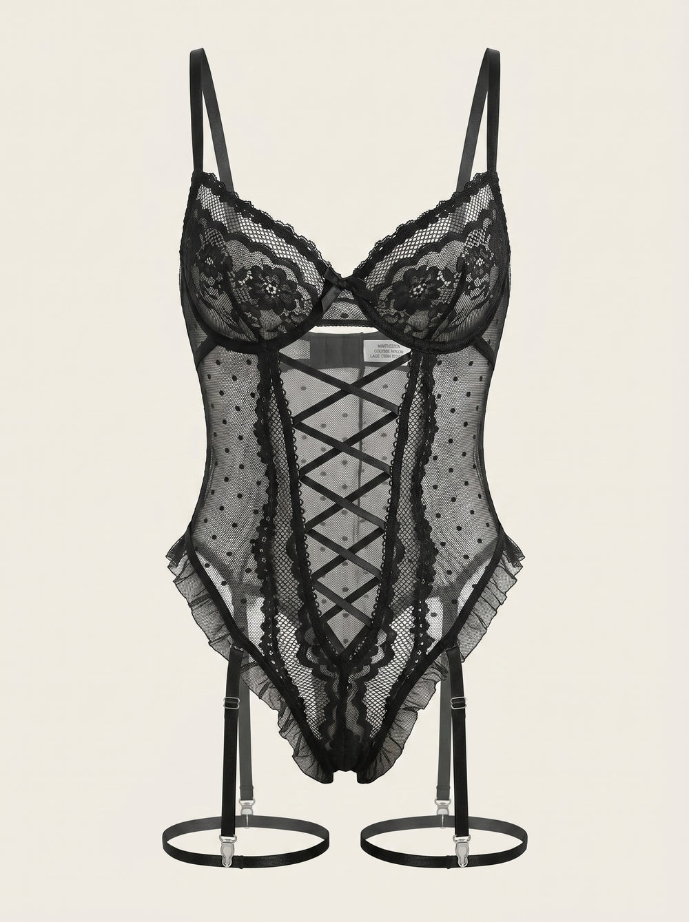 Elegant Black Polka Dot Lace Bodysuit with Strappy Detail