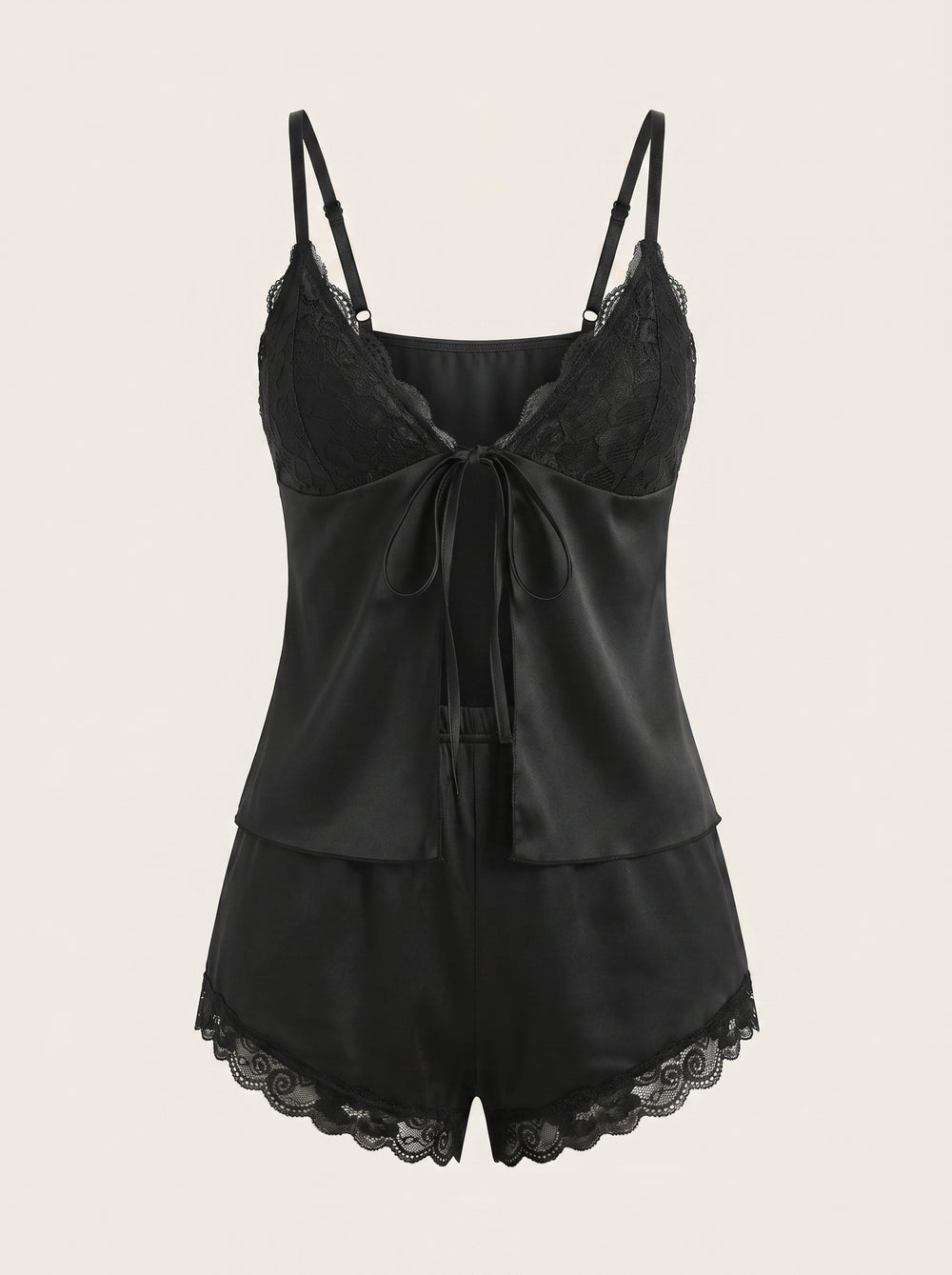 Elegant Black Satin Pajama Set with Lace Trim