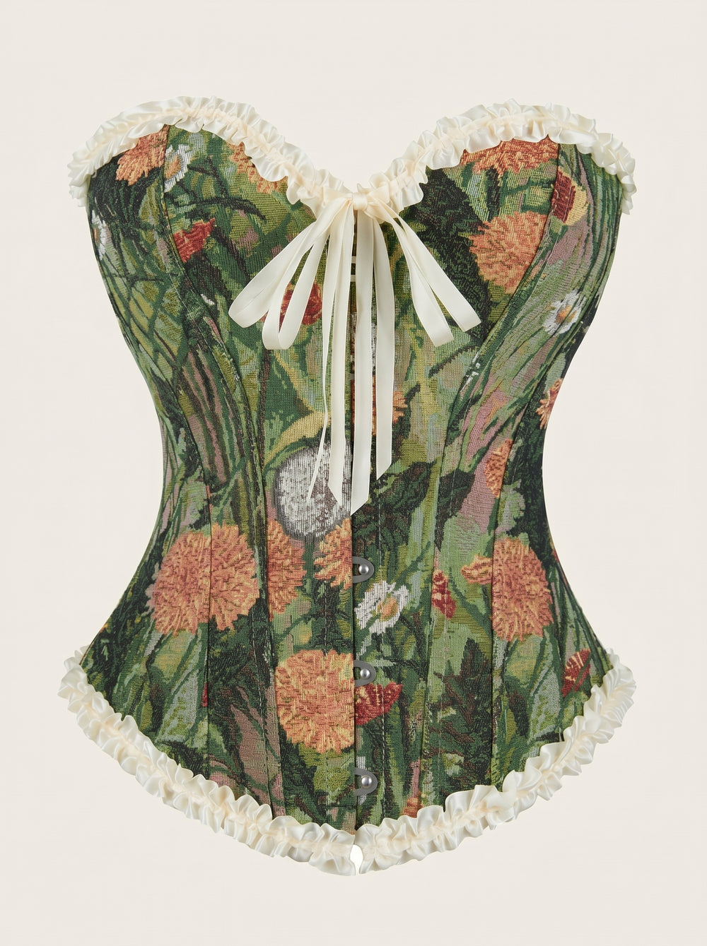 Elegant Floral Green Lace Corset with Ruffle Detail