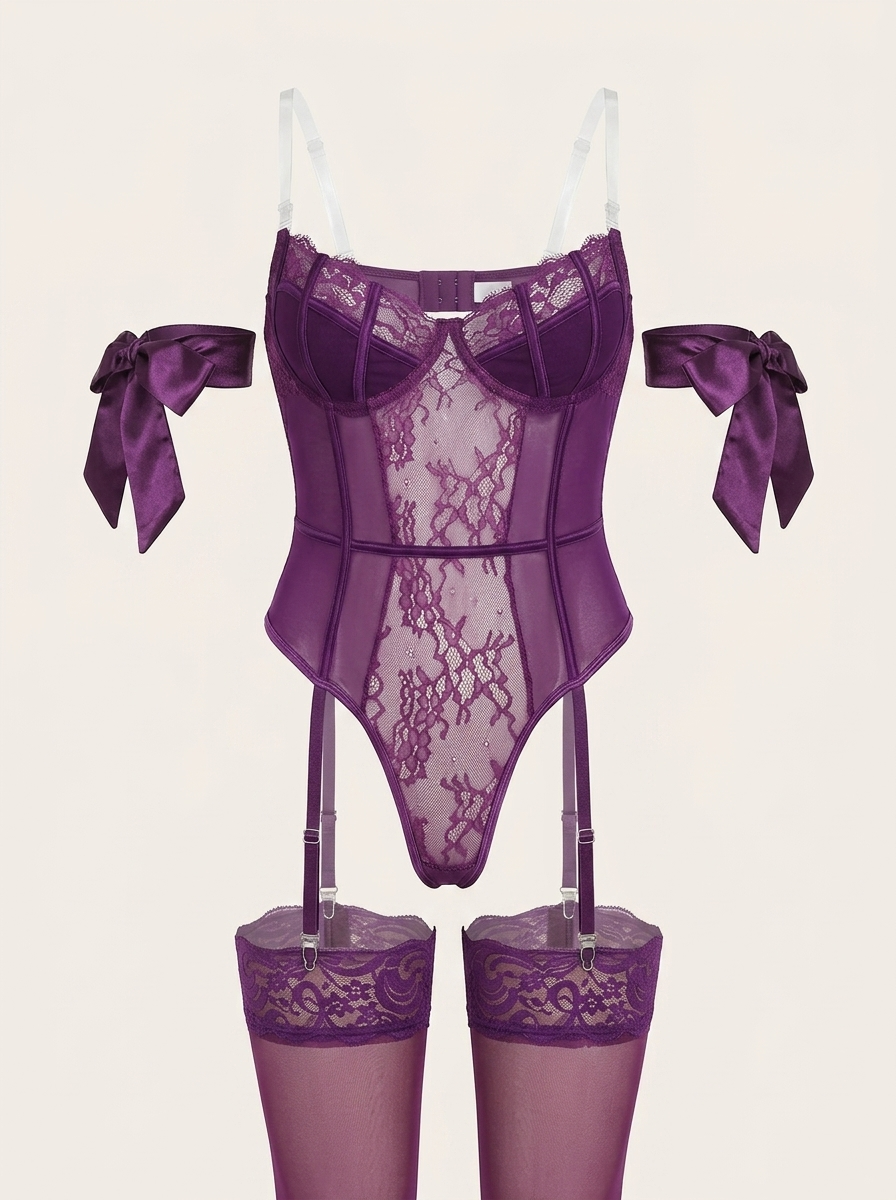 Elegant Purple Lace Bodysuit with Bow Detail and Garter Straps