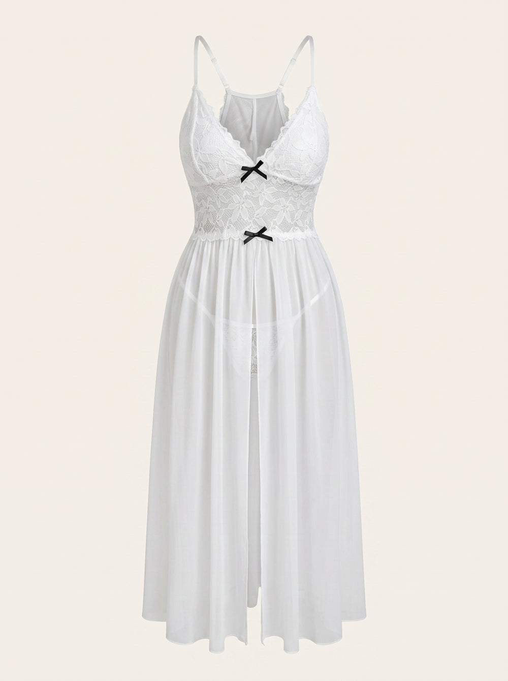 Elegante abito bianco a tinta unita in tulle e pizzo con cinturini e spacco alto