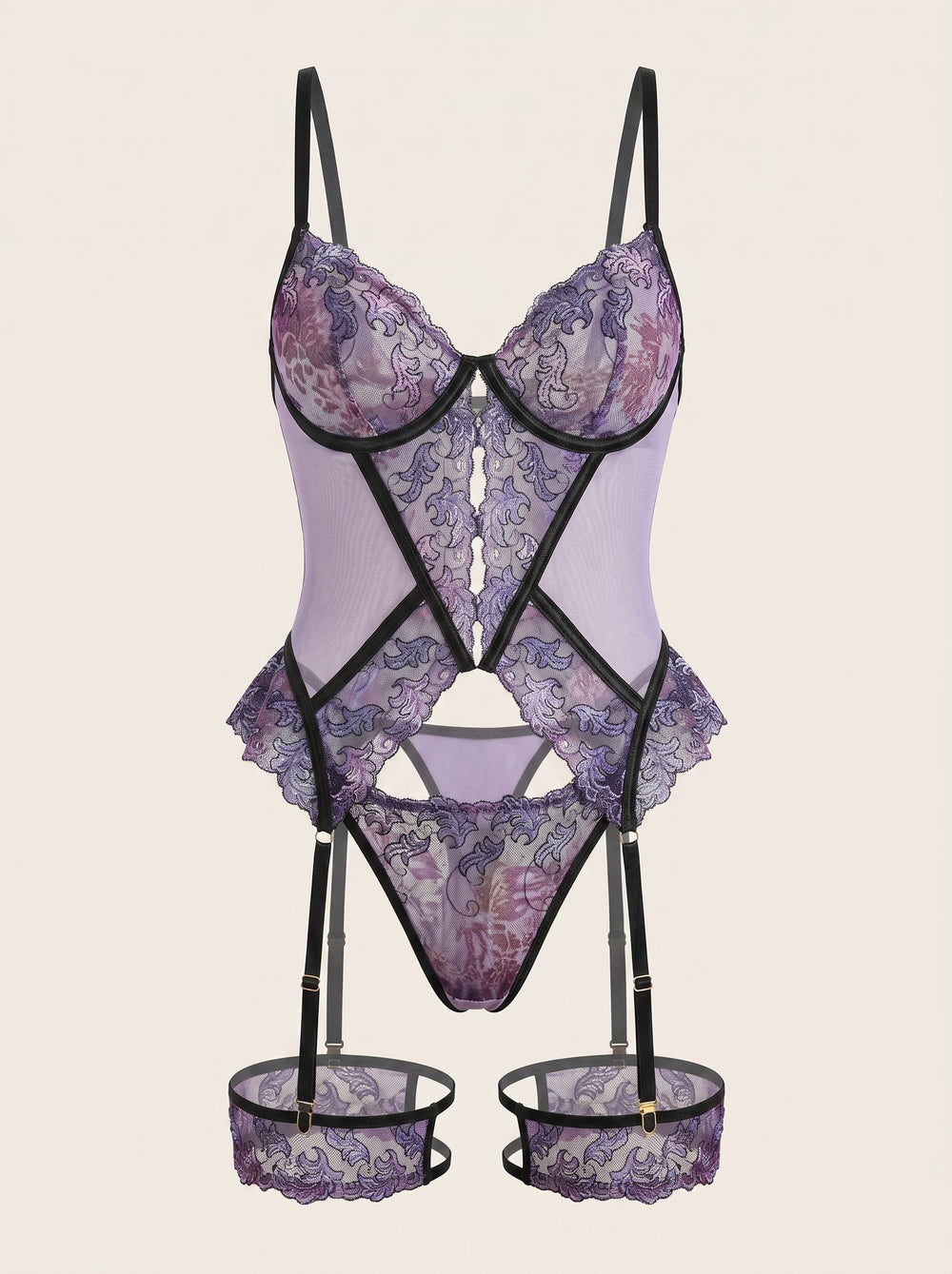 Set corsetto in rete viola con ricami floreali e aperture trasparenti