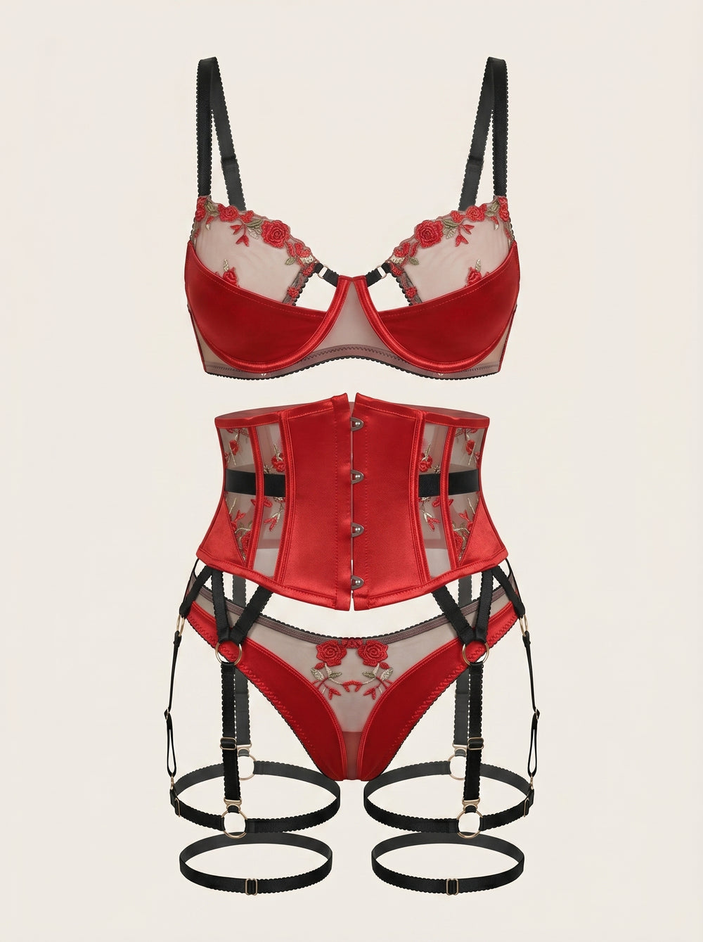 Completo di lingerie in mesh rosso ricamato a fiori con dettagli con fasce