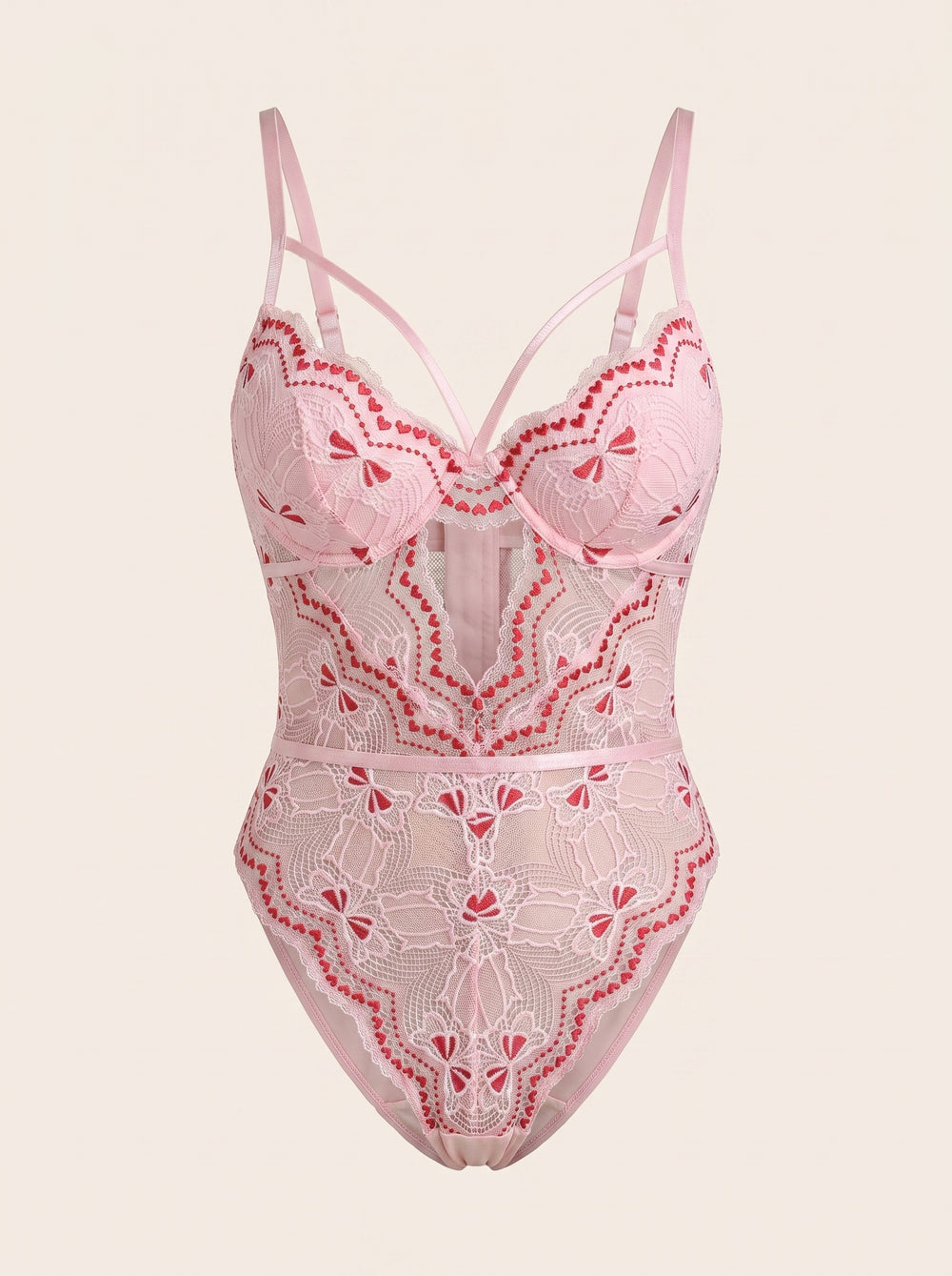 Embroidered Light Pink Lace Bodysuit with Cutout Detail