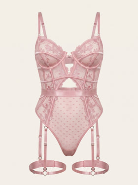 Embroidered Pink Lace Bodysuit with Strappy Cutout Design-Bodysuit-Bellascena-S-Pink-bellascena