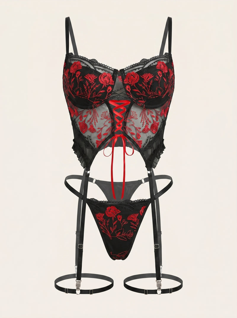Embroidered Red Floral Mesh Lingerie Set with Strappy Cutout Design