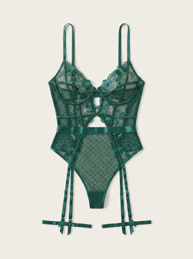 Emerald Floral Mesh Bodysuit with Strappy Cutout Design-Bodysuit-Bellascena-bellascena