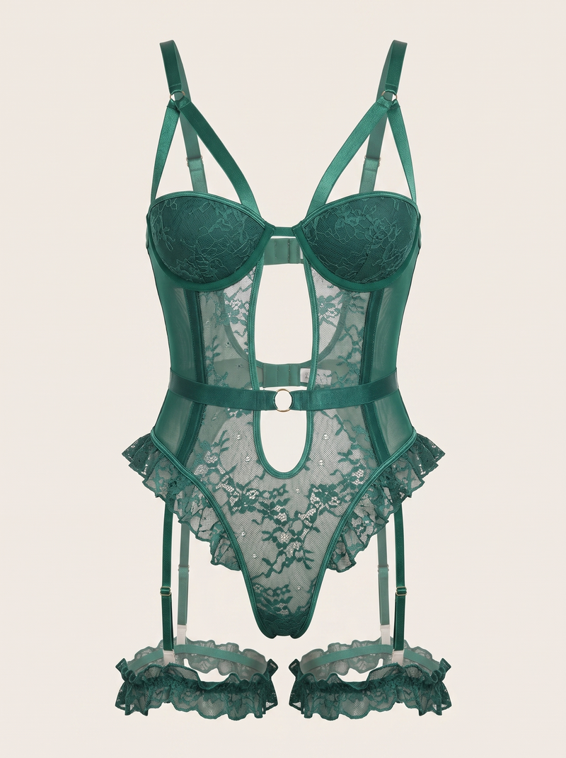Body en dentelle vert émeraude avec design transparent à brides