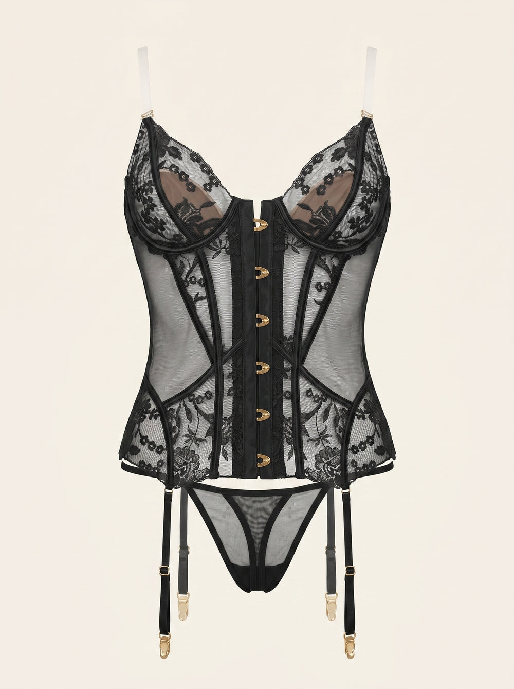 Set di lingerie in raffinata rete nera con ricami floreali e trasparenza elegante