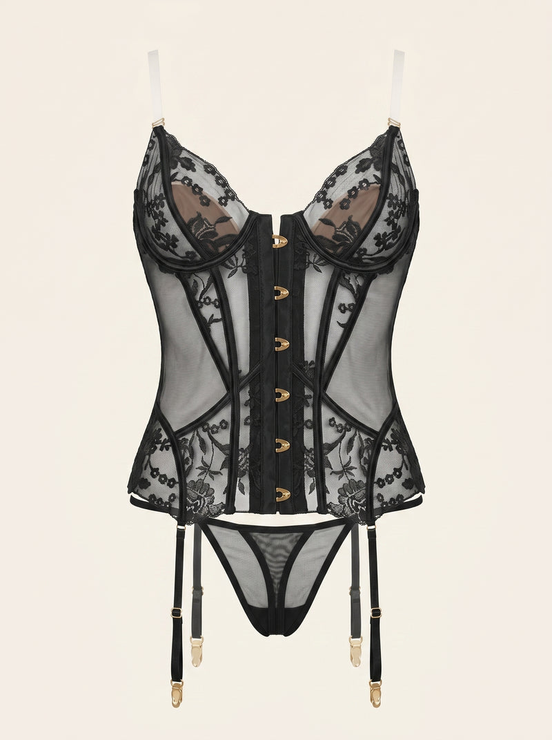 Schwarzes besticktes Mesh-Dessous-Set mit Blumenmuster und Transparenz