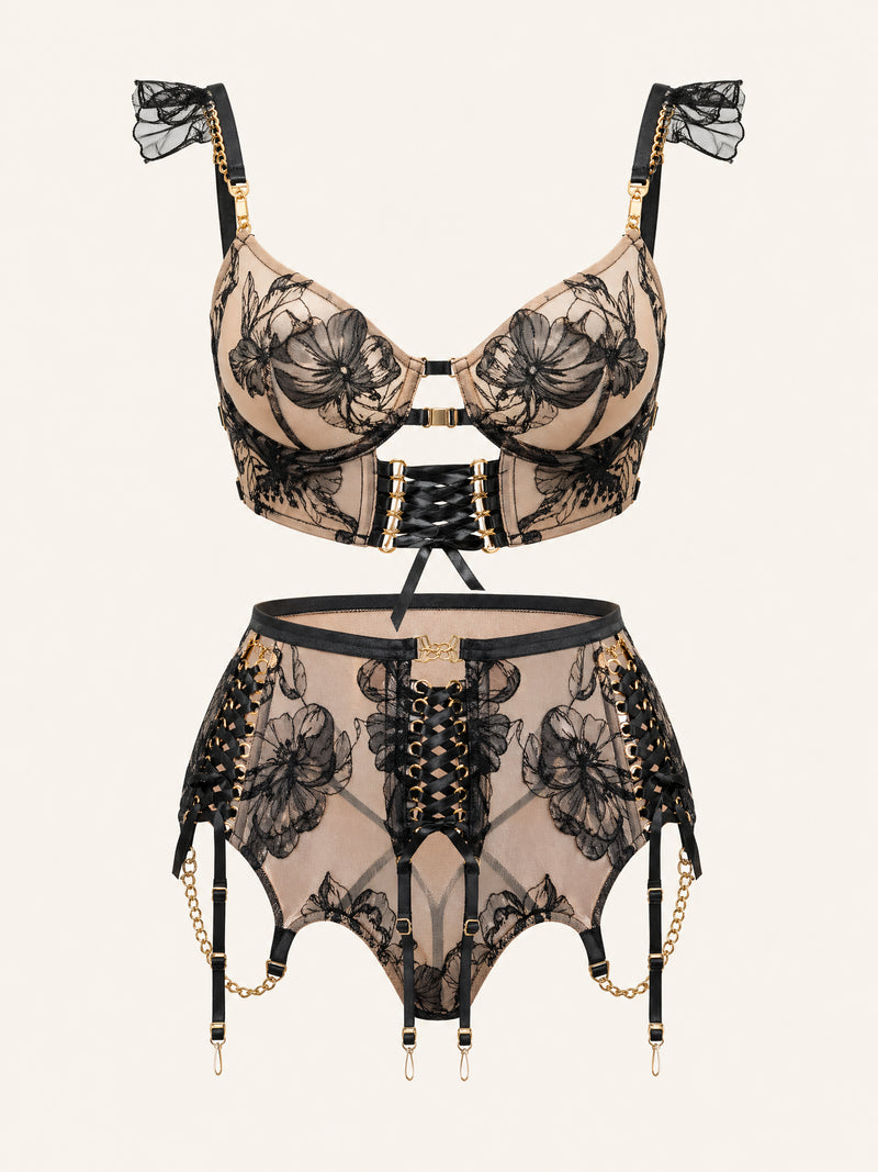 Floral Black Embroidered Mesh Lingerie Set with Lace-Up Detailing