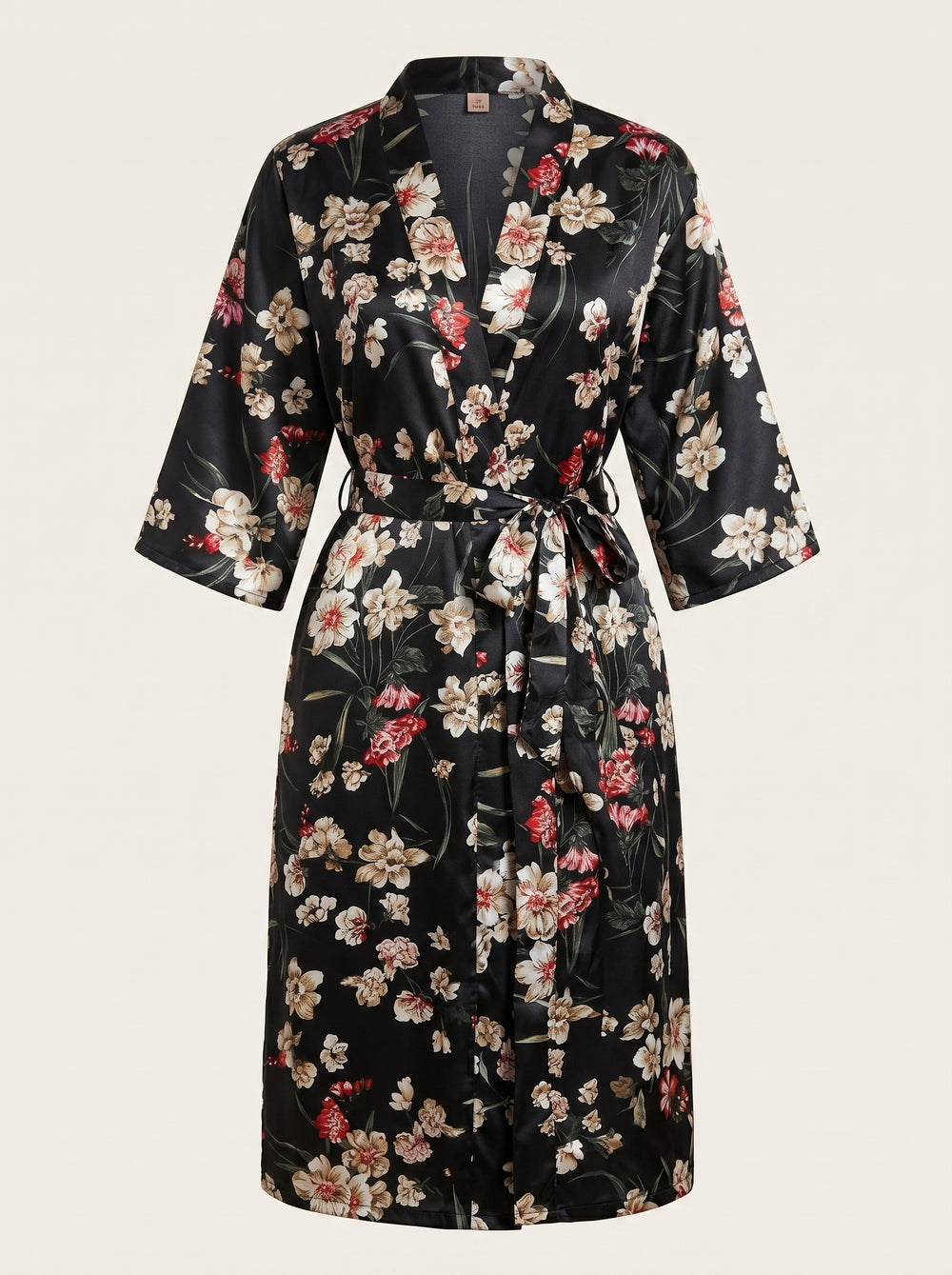 Floral Black Satin Kimono Robe with Tie Belt