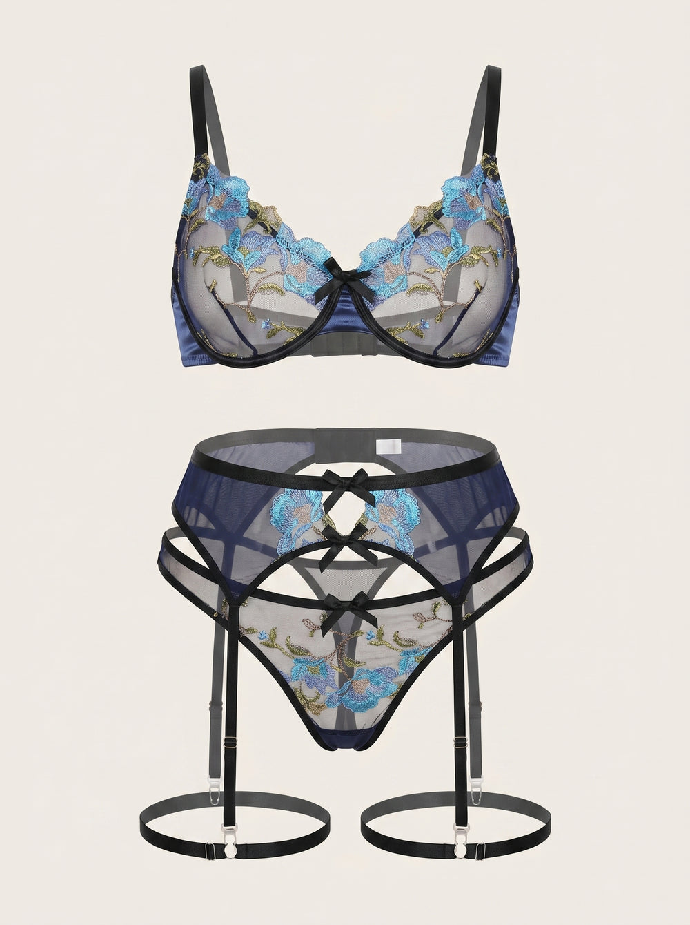 Floral Blue Embroidered Lace Lingerie Set with Garter Belt and Strappy Detail