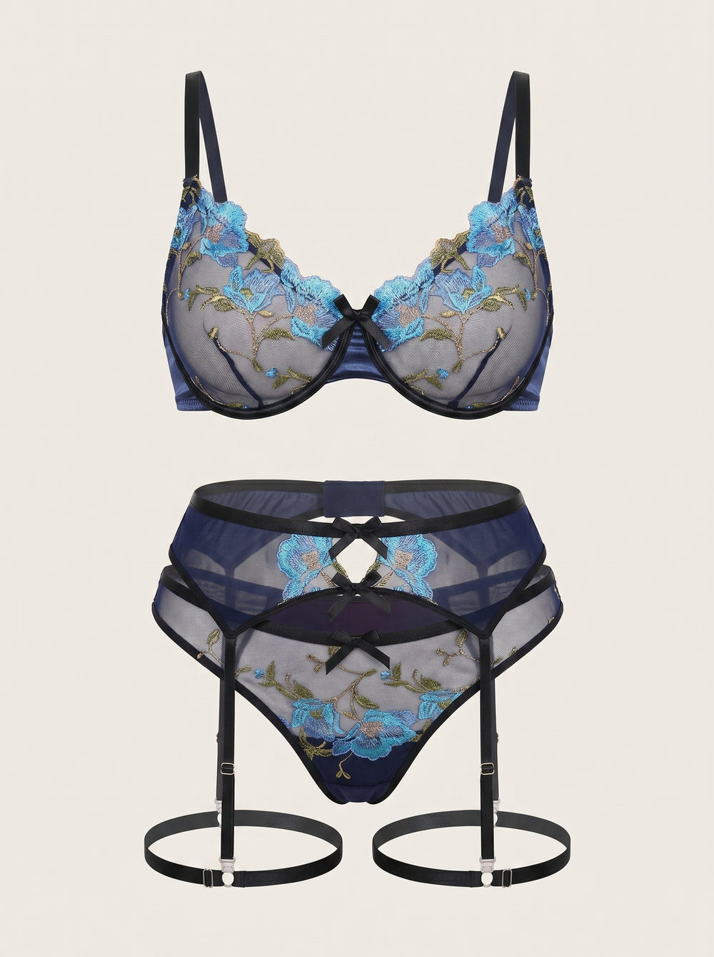 Besticktes Mesh-Dessous-Set in Blau mit Blumenmuster und Riemchen-Detail