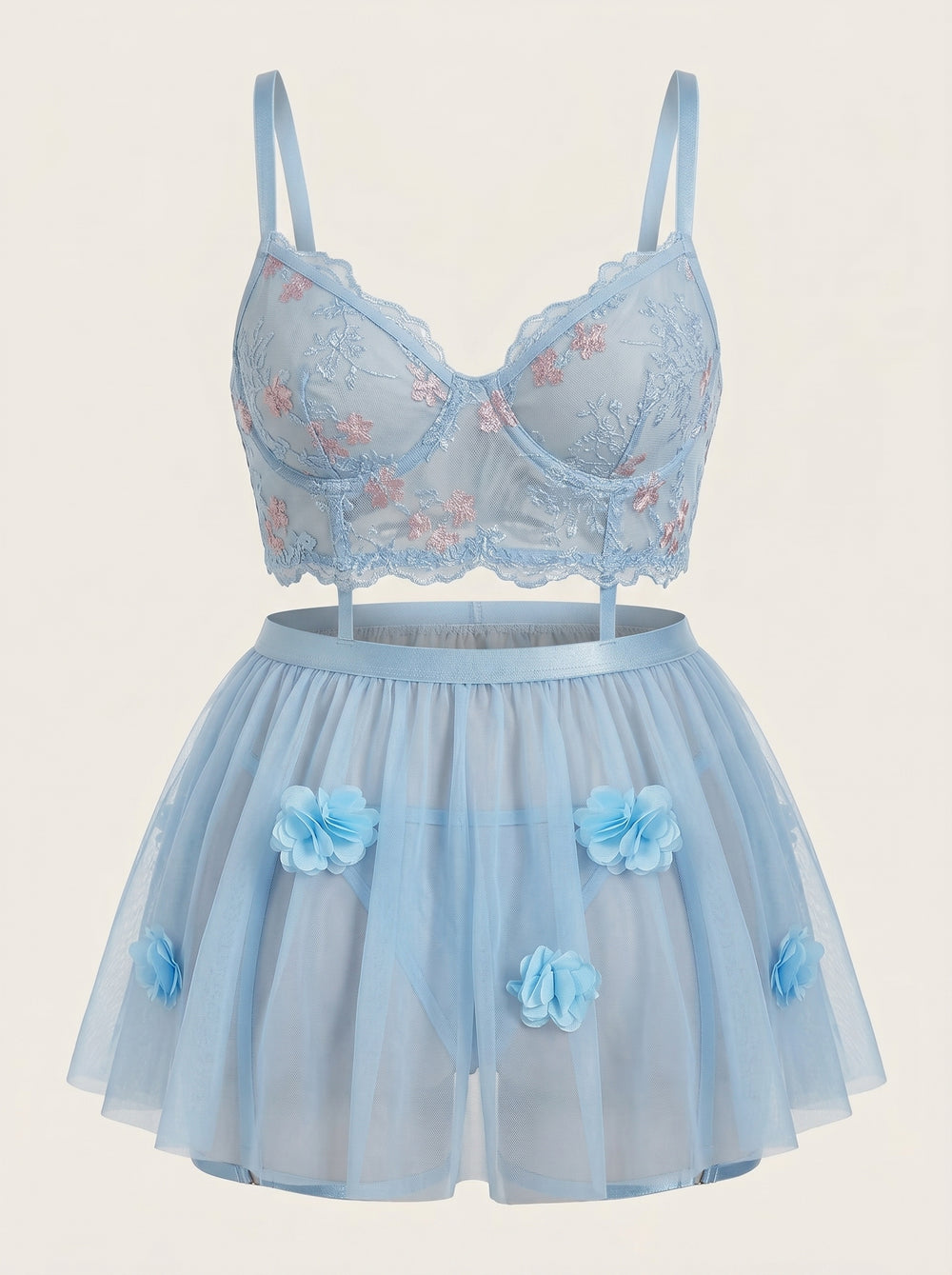 Floral Blue Embroidered Mesh Lingerie Set with Tulle Skirt