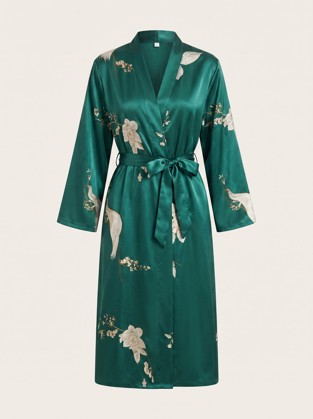 Floral Green Satin Kimono Robe with Tie Belt