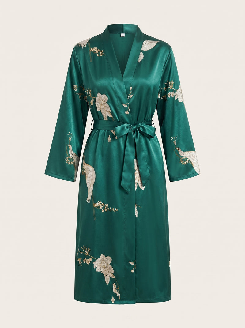Floral Green Satin Kimono Robe with Tie Belt