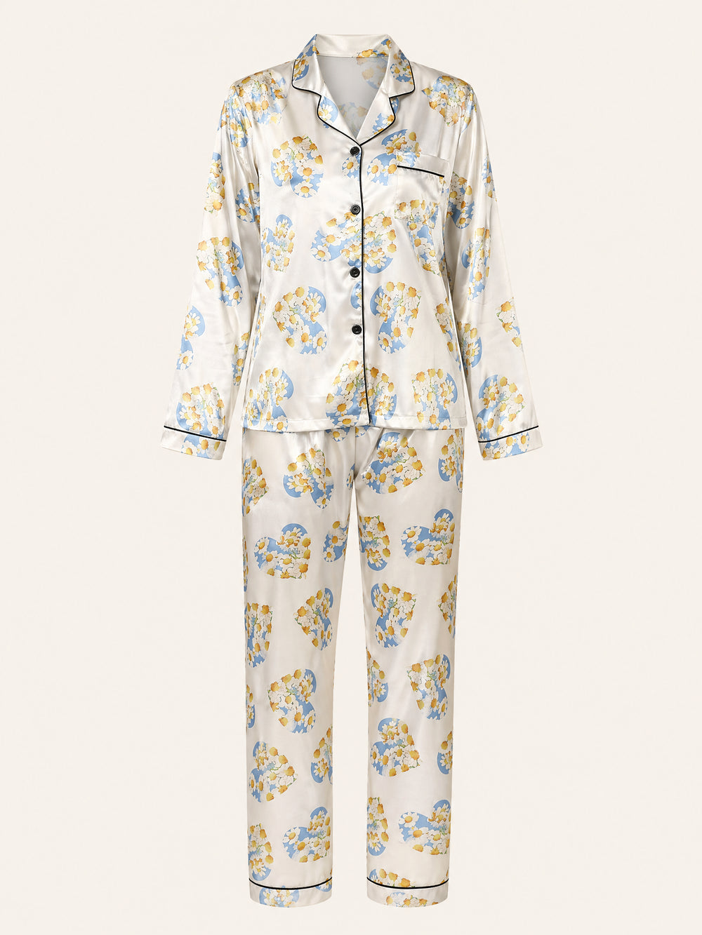Floral Heart Print Satin Pajama Set with Piping Detail