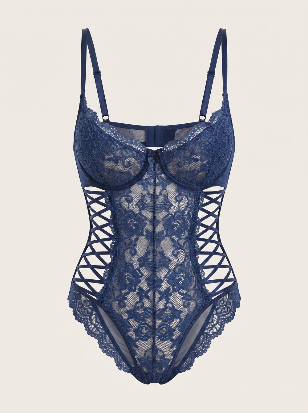 Body in pizzo blu navy floreale con incrocio a strappy