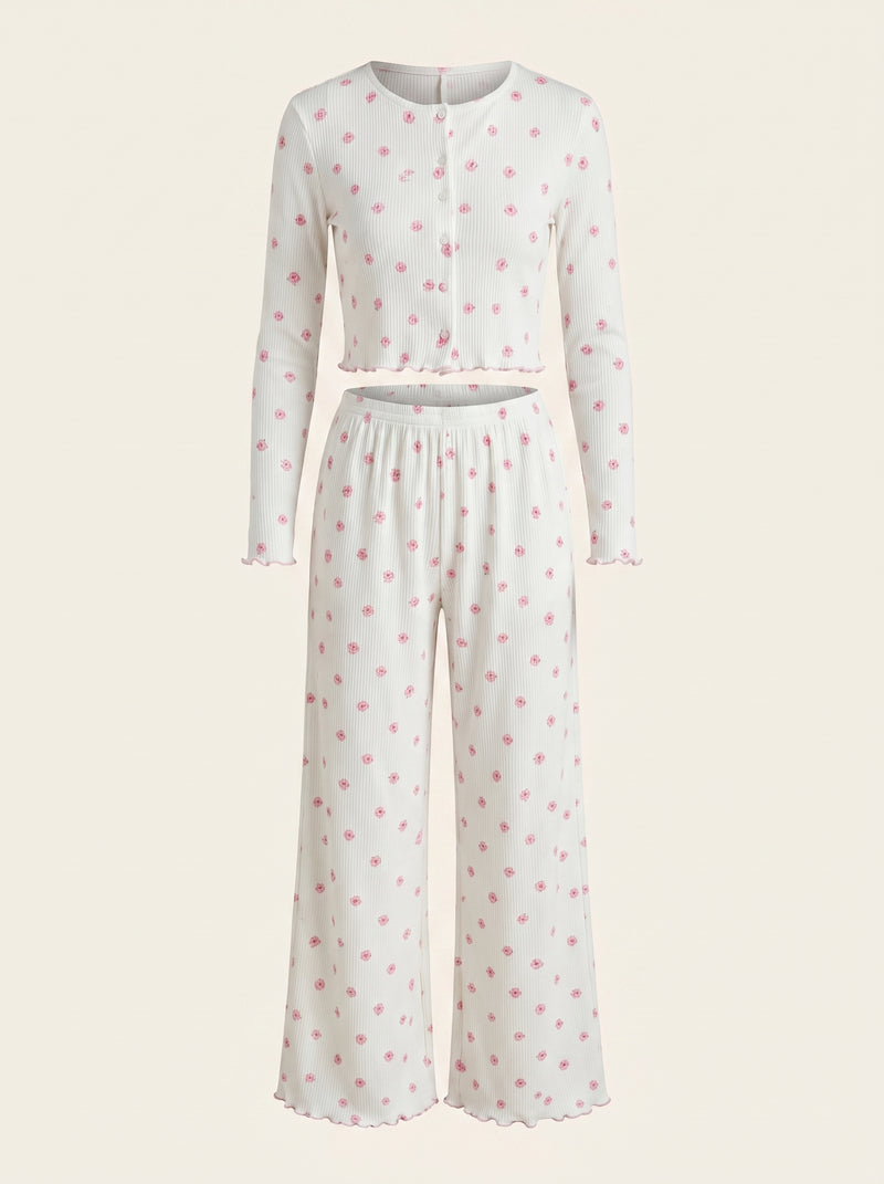 Floral Pink Cotton Pajama Set with Ruffles