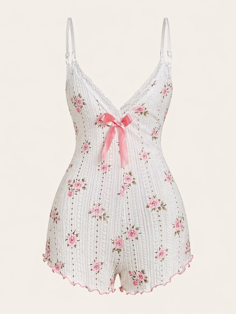 Floral Pink Cotton Romper with Lace Trim