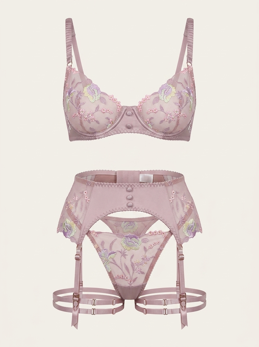 Set di lingerie in pizzo ricamato rosa con stampa floreale e giarrettiere