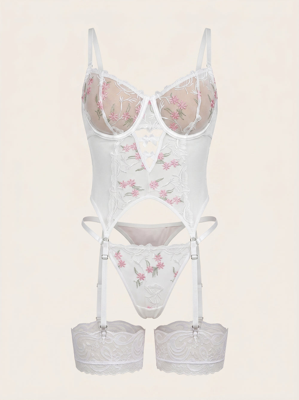 Completo di lingerie in mesh ricamato floreale rosa con dettagli con fasce