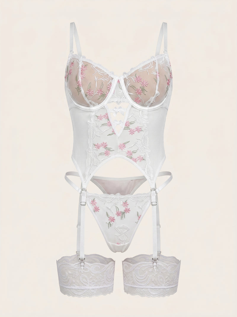 Besticktes Mesh-Dessous-Set in Rosa-Floral mit Riemchen-Detail