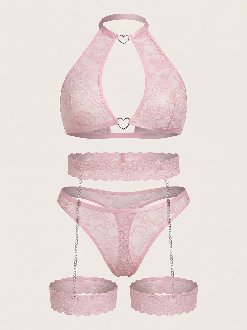 Floral Pink Lace Lingerie Set with Heart Detail