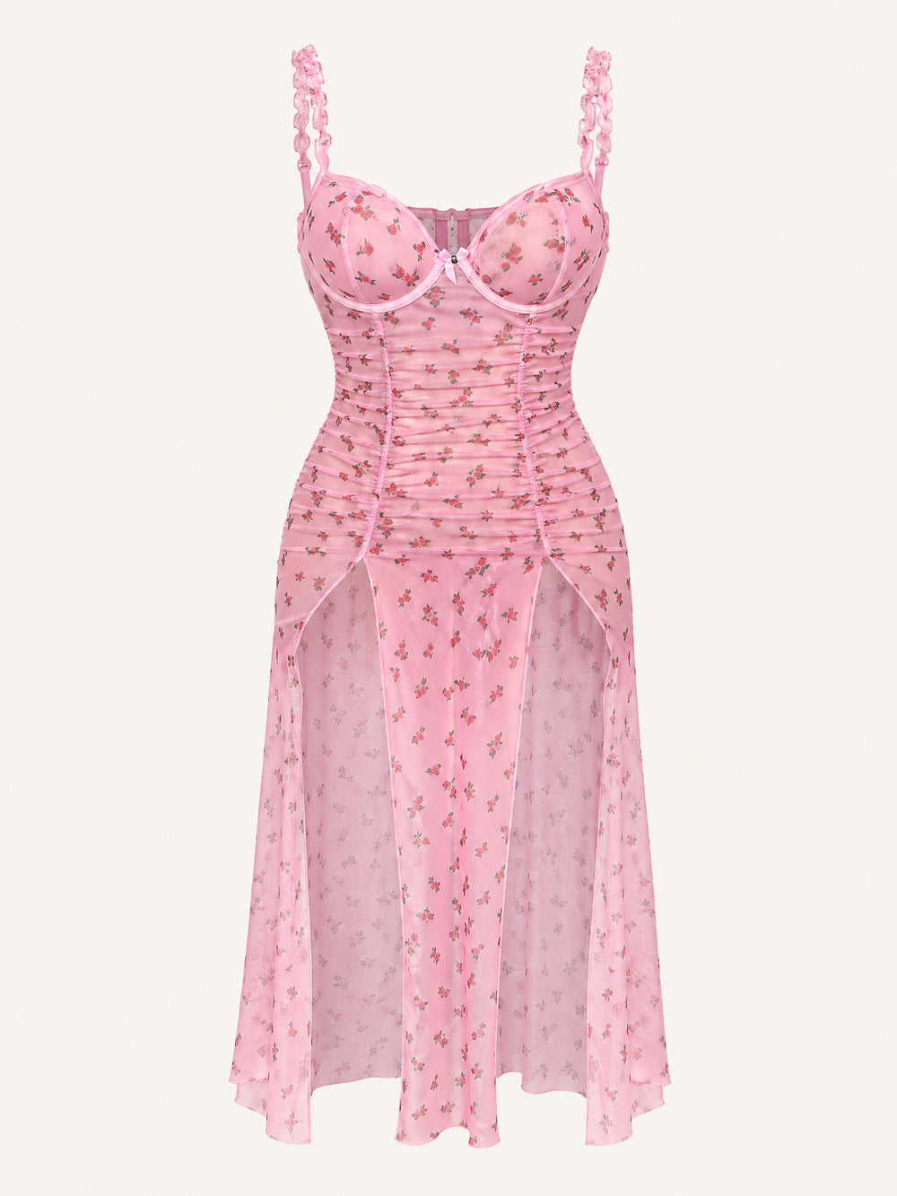 Floral Pink Mesh Suspender Dress with Ruched Slit Detail