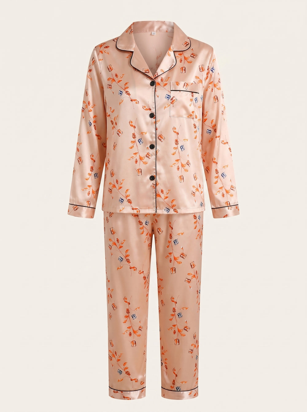 Floral Pink Satin Pajama Set with Collar & Piping