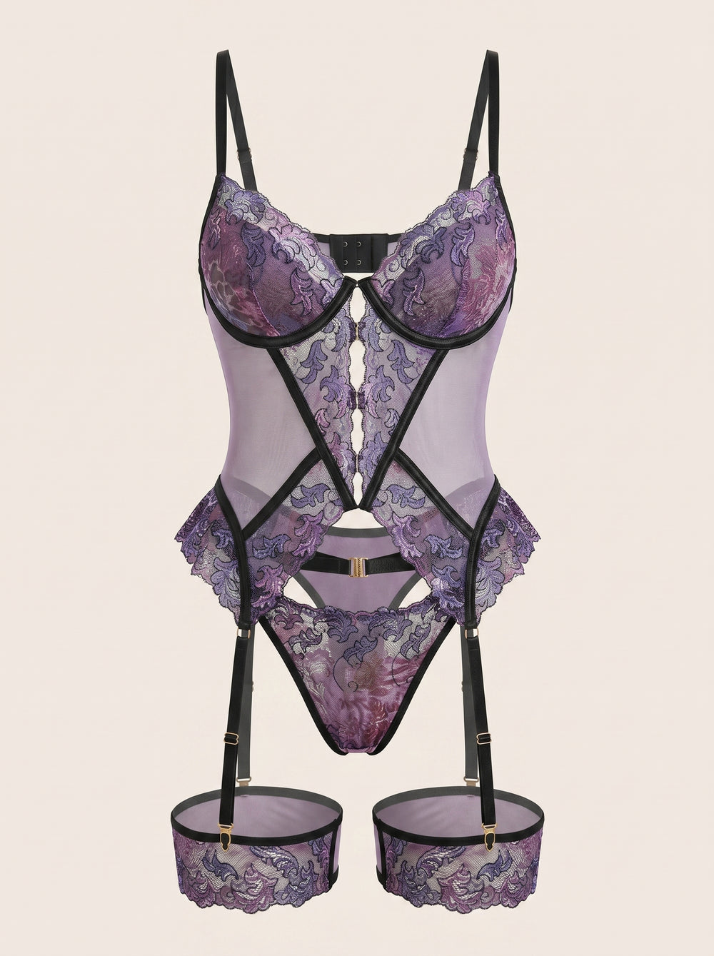 Floral Purple Embroidered Mesh Lingerie Set with Corset, Garter Belt and Stockings